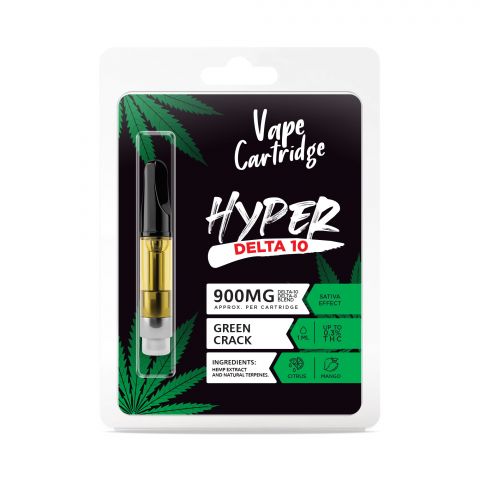 D10, D8 Vape Cart - 900mg - Green Crack - Sativa - 1ml - Hyper - Thumbnail 1