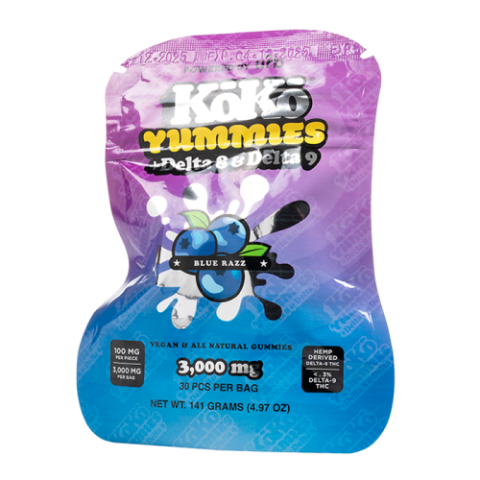 Blue Razz Gummies - D8, D9 - 3000mg - Koko Yummies - Thumbnail