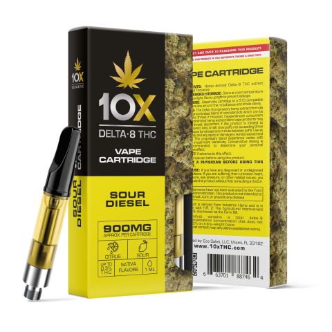 D8 Vape Cart - 900mg - Sour Diesel - Sativa - 1ml - 10X - Thumbnail 1