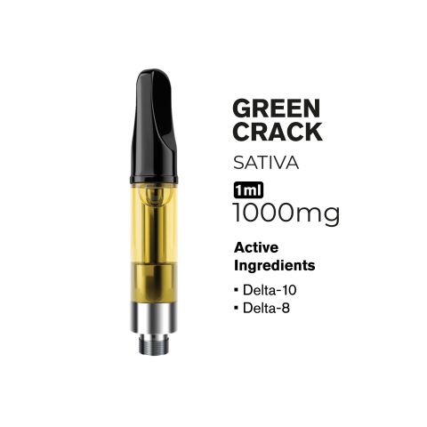 D10, D8 Vape Cart - 1000mg - Green Crack - Sativa - 1ml - Hyper - Thumbnail 2