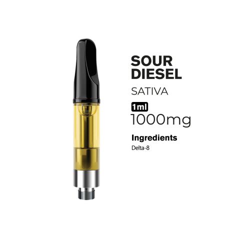 D8 Vape Cart - 1000mg - Sour Diesel - Sativa - 1ml - 10X - Thumbnail 2