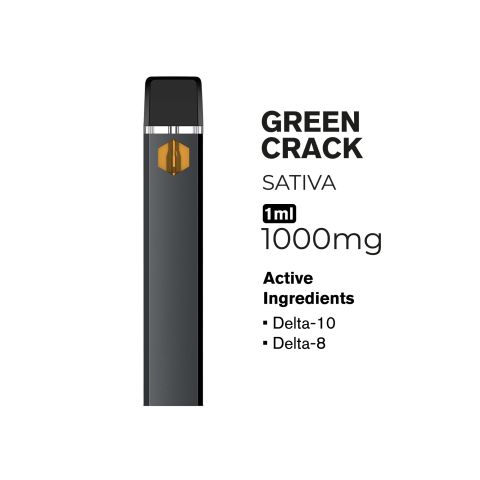 D10, D8 Vape Pen - 1000mg - Green Crack - Sativa - 1ml - Hyper - Thumbnail 2