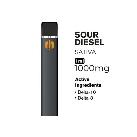 D10, D8 Vape Pen - 1000mg - Sour Diesel - Sativa - 1ml - Hyper - Thumbnail 2