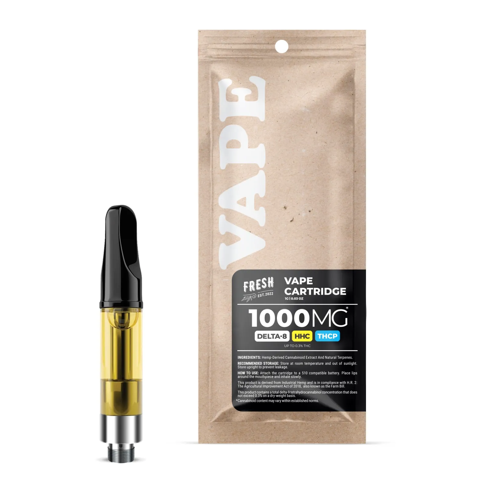 THCP, D8, HHC Vape Cart - 1000mg - Blackberry Kush - Indica - 1ml - Fresh